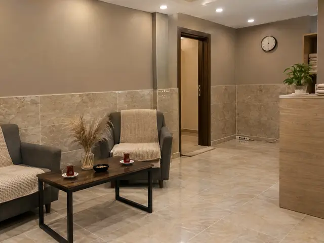 Koltuklu, mermer zeminli bekleme alanı — Maçka, Masaj Salonun